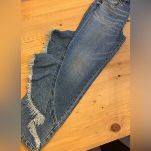 women’s denim high rise straight jeans distressed frayed side ruffle 100% cotton